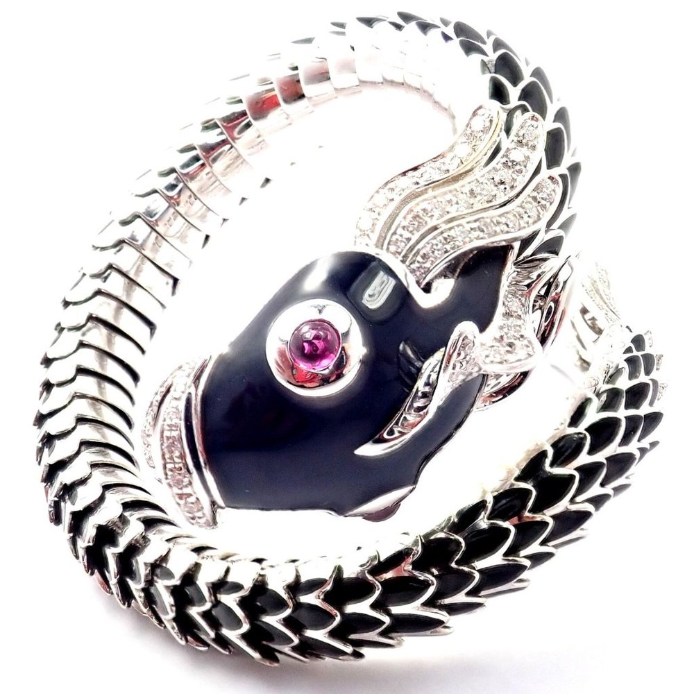 Authentic! Roberto Coin Nemo 18k White Gold Diamond Ruby Enamel Cuff Bracelet